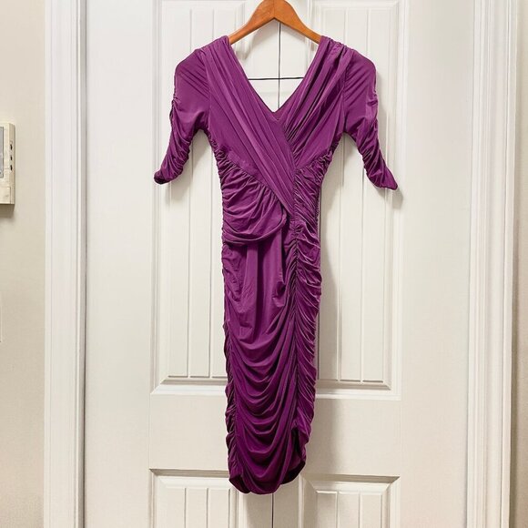 BCBGMaxAzria Evert Ruched V-Neck Dress Purple – XS - Picture 4 of 16